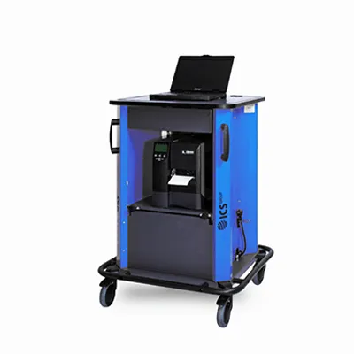 Mobile ICS-MS Easy 500 Arbeitsstation mit Laptop, Etikettendrucker und integrierter Stromversorgung