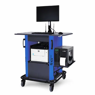 Mobile ICS-MS Professional 1600 LiFe Arbeitsstation mit Monitor, Tastatur, Laserdrucker und seitlichem Etikettendrucker